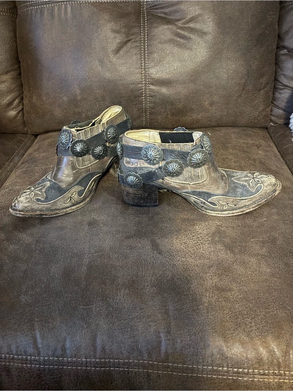 Freebird by Steven Brown Distressed Leather Floral Concho Ankle Booties